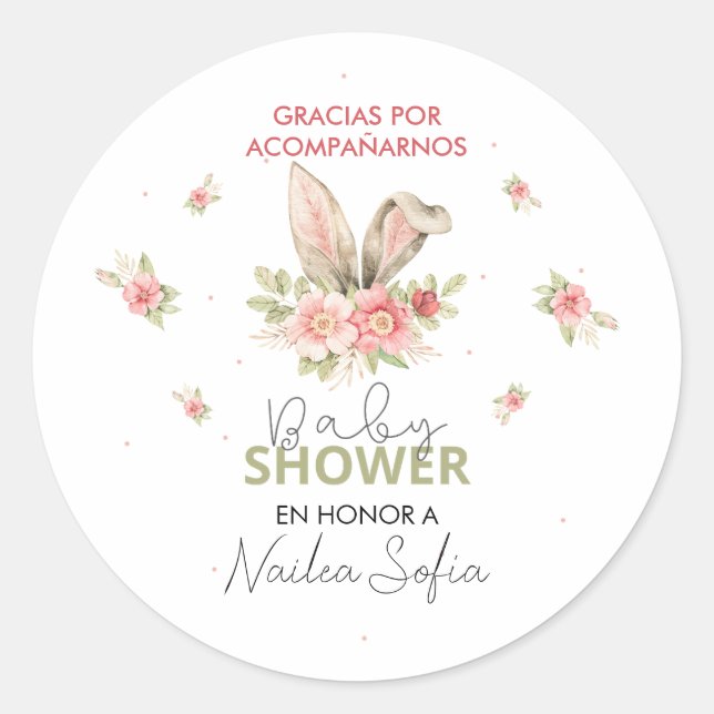 Baby Shower Orejas de Conejo Rosa y Flores Classic Round Sticker (Front)