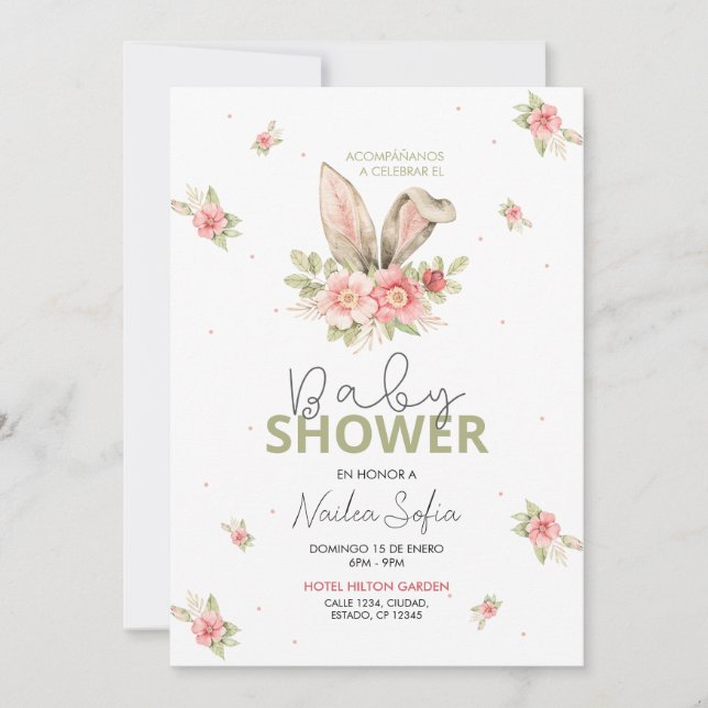 Baby Shower Orejas de Conejo Rosa y Flores Invitation (Front)
