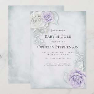 Baby Shower Pale Blue Lilac Roses Invitation