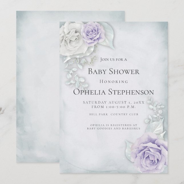 Baby Shower Pale Blue Lilac  Roses Invitation (Front/Back)