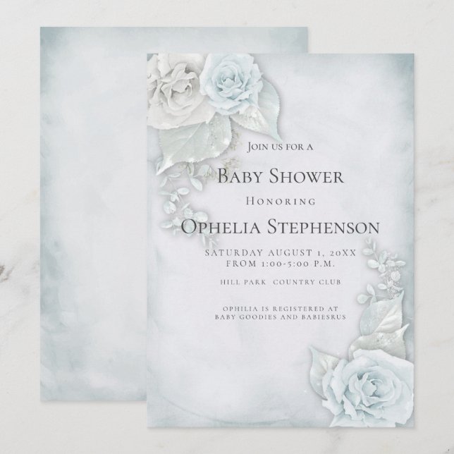 Baby Shower Pale Blue White Roses Invitation (Front/Back)