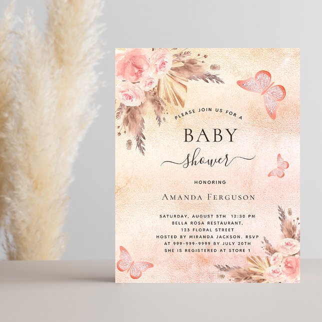 Baby shower pampas grass blush butterfly invitation postcard (Creator Uploaded)