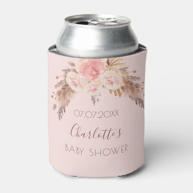 Baby shower pampas grass blush rose floral name can cooler (Can Front)