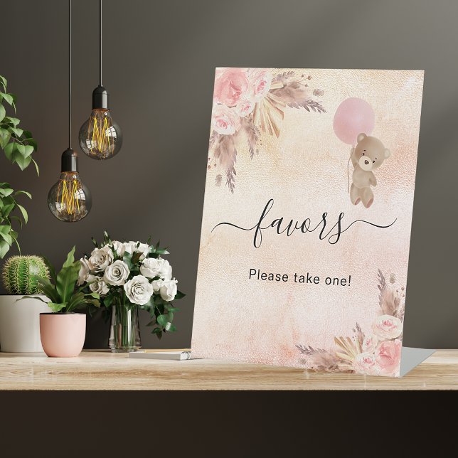Baby shower pampas grass blush teddy bear favour pedestal sign (Creator Uploaded)