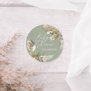 Baby shower pampas grass modern sage green elegant classic round sticker