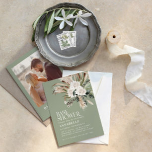 Baby shower pampas grass modern sage green photo invitation
