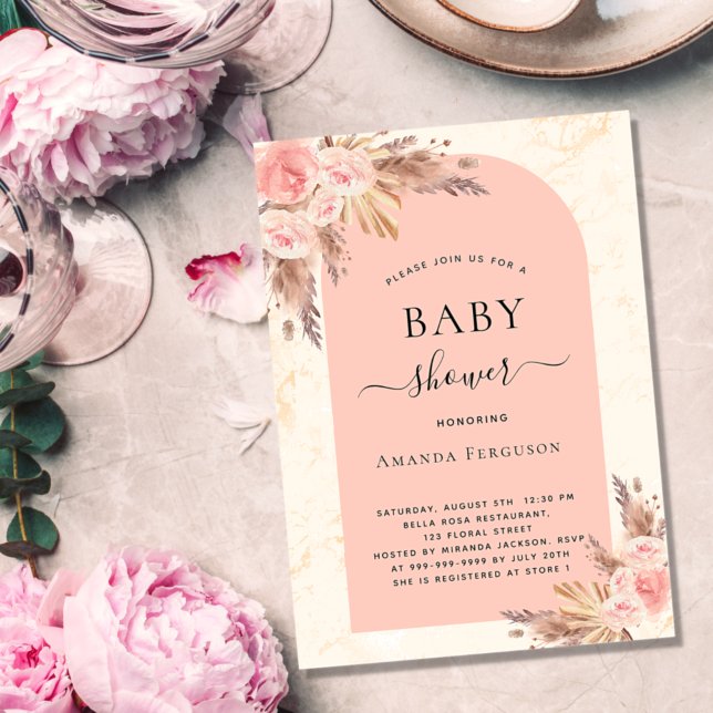 Baby shower pampas grass rose gold blush boho invitation (Creator Uploaded)