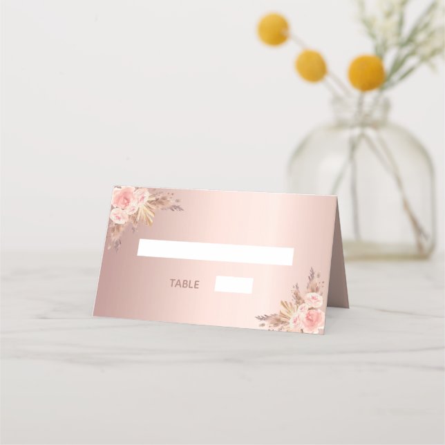 Baby shower pampas grass rose gold blush florals place card (Front)