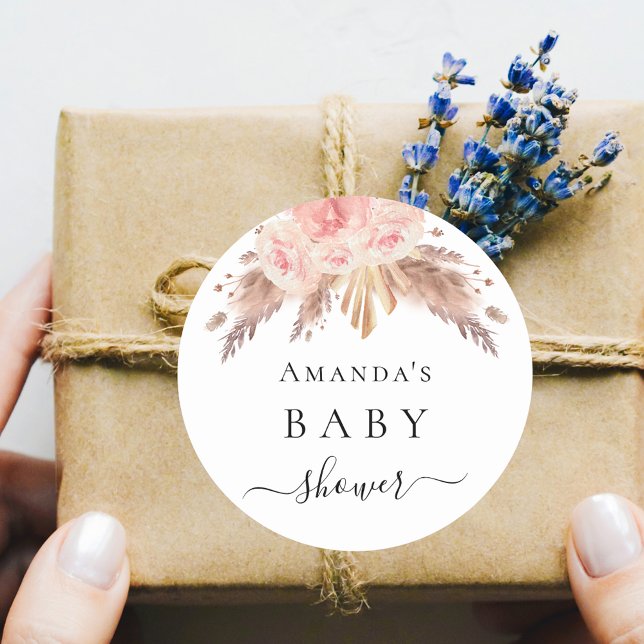 Baby Shower pampas grass rose gold floral Classic Round Sticker (Creator Uploaded)