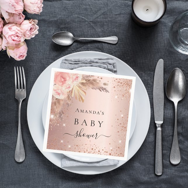 Baby Shower pampas grass rose gold floral glitter Napkin (Creator Uploaded)