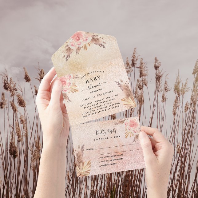 Baby Shower pampas grass rose gold florals RSVP All In One Invitation (Creator Uploaded)