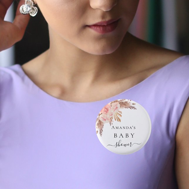Baby Shower pampas grass rose gold florals white 3 Cm Round Badge (Creator Uploaded)