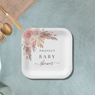 Baby Shower pampas grass rose gold florals white Paper Plate