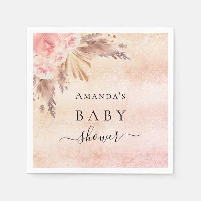 Baby Shower pampas grass rose gold pink floral Napkin (Front)