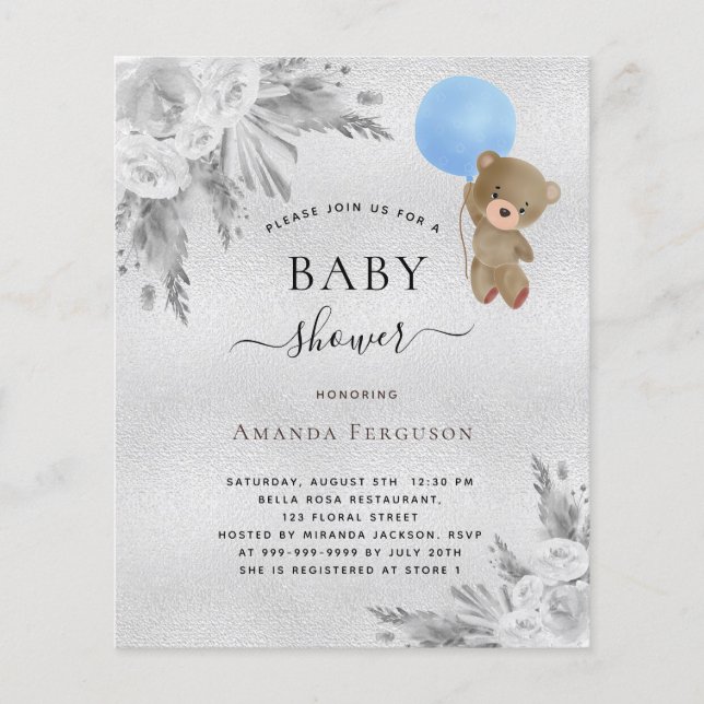Baby shower pampas grass silver teddy boy budget flyer (Front)