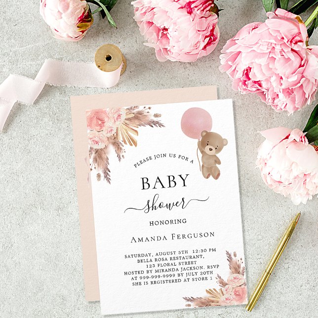 Baby shower pampas grass teddy bear girl luxury invitation (Creator Uploaded)