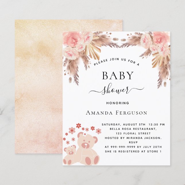 Baby shower pampas grass teddy bear invitation (Front/Back)