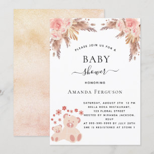 Baby shower pampas grass teddy bear rose gold girl invitation