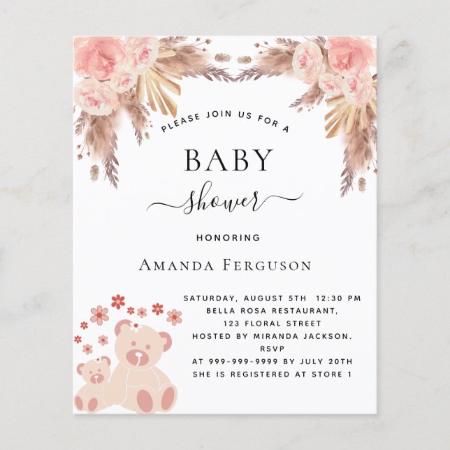 Baby shower pampas grass teddy budget invitation flyer (Front)