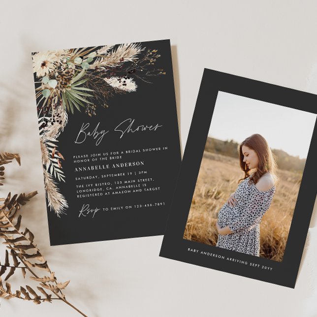 Baby shower pampas modern elegant black photo invitation (Creator Uploaded)