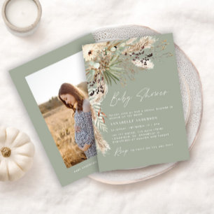 Baby shower pampas modern elegant sage green photo invitation