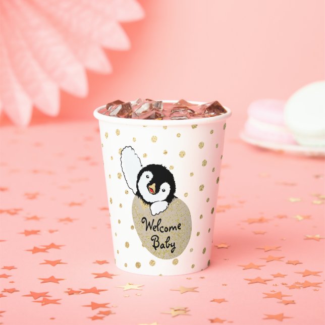 Baby Shower Paper Cups "Gold Baby Penguin" 8 oz. (Insitu)