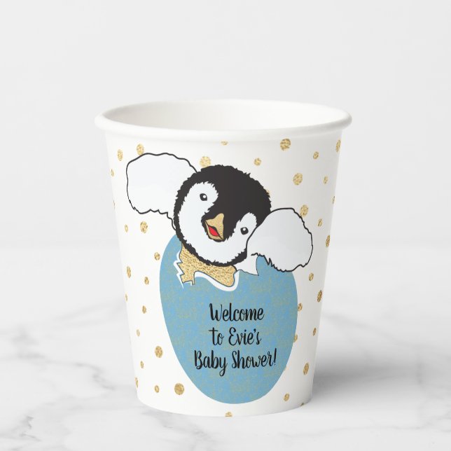 Baby Shower Paper Cups "Gold/Blue Penguin" 8 oz. (Front)
