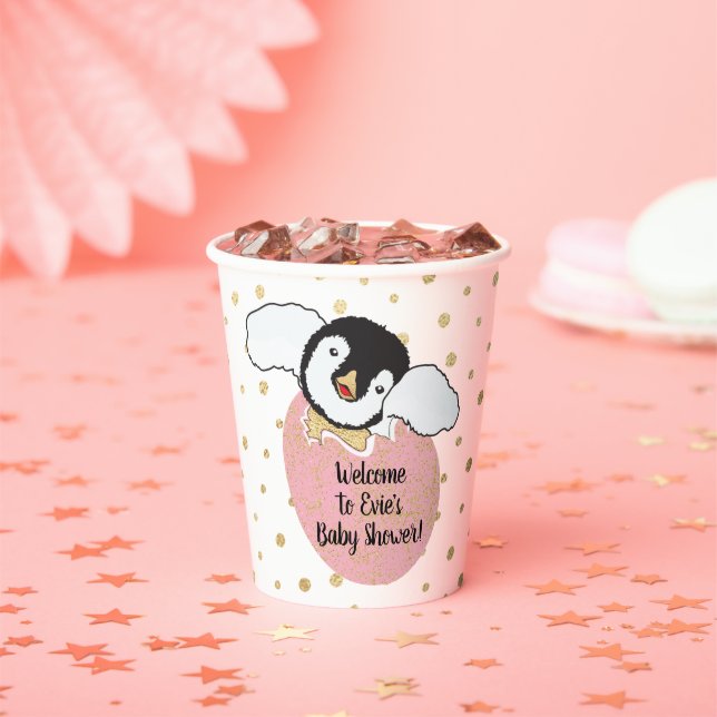 Baby Shower Paper Cups "Gold/Pink Penguin" 8 oz. (Insitu)