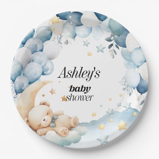 Baby Shower Paper Plates Blue Bear Balloons (Front)