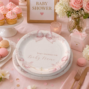 Baby Shower Paper Plates, Coquette Pink Bow Floral Plate