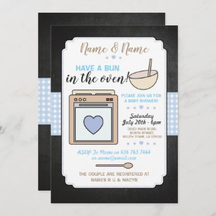 Baby Shower Party Bun in the Oven Blue Boy Gingham Invitation