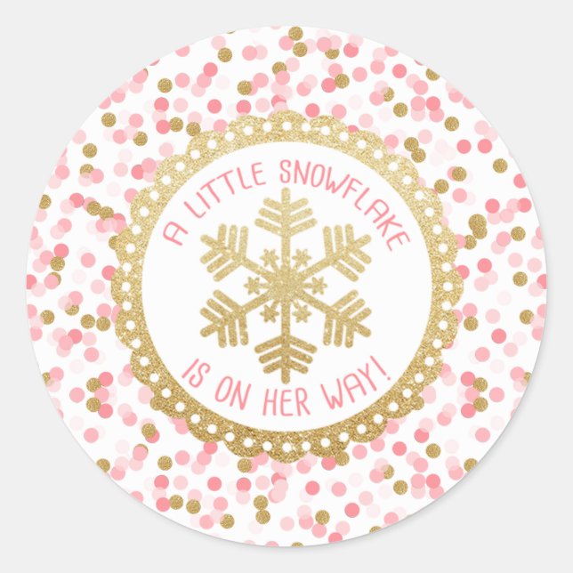 Baby Shower Party Favour Sticker- Gold Snowflake Classic Round Sticker (Front)