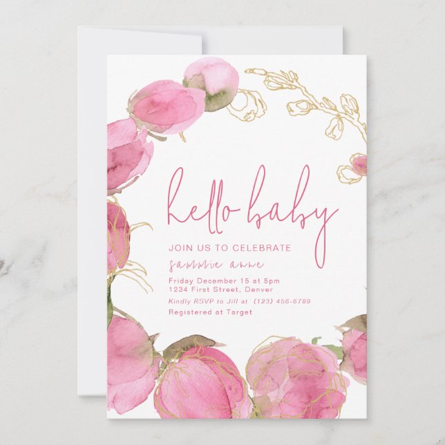 Baby Shower Party Invitation Template Pink Flowers (Front)