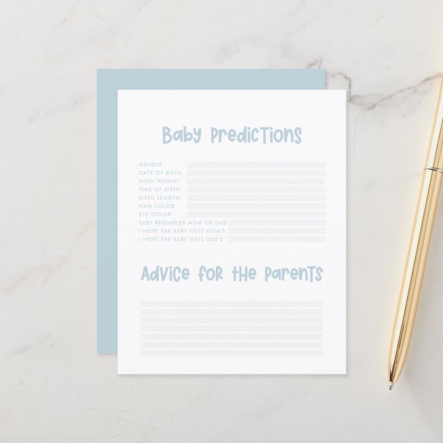 Baby shower party predictions game baby blue (Front/Back In Situ)