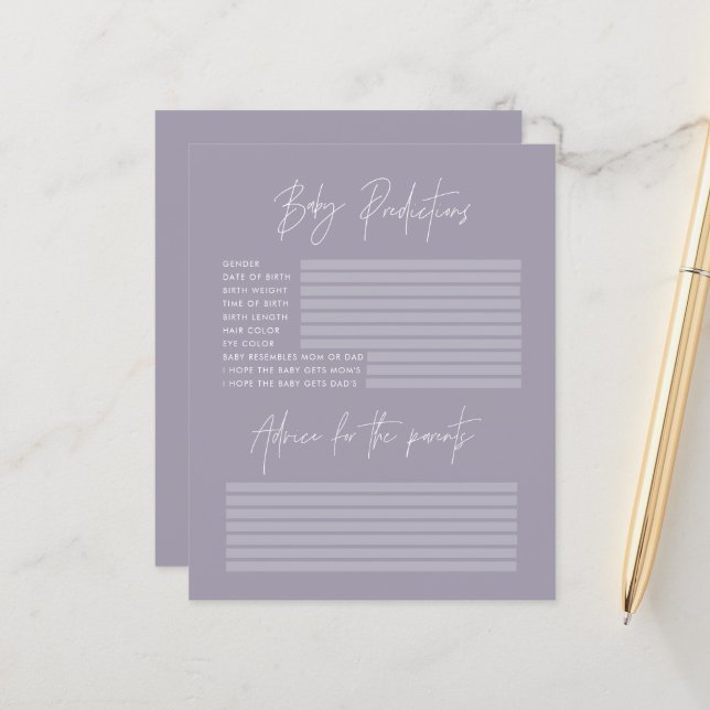 Baby shower party predictions game lilac purple (Front/Back In Situ)