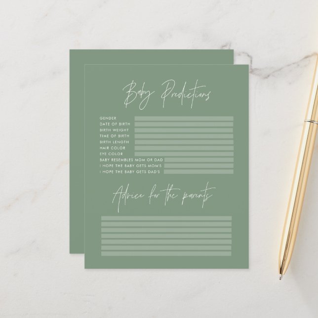 Baby shower party predictions game sage green (Front/Back In Situ)