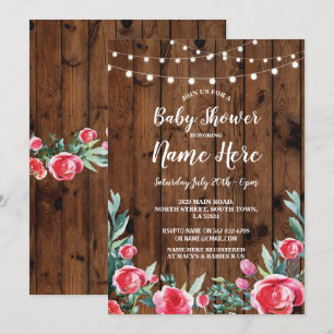 Baby Shower Party Red Roses Floral Wood Invite