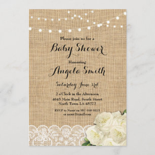 Baby Shower Party Rose Burlap Lace Lights Invite