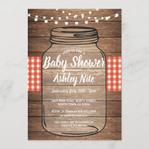 Baby Shower Party Rustic Jar Wood Red Gingham Invitation