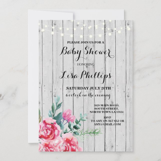 Baby Shower Party Rustic Pink Floral Wood Invite (Front)