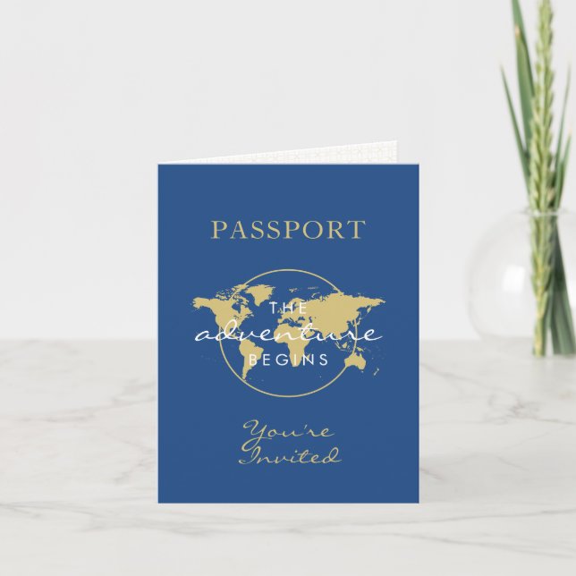 Baby Shower Passport Travel Theme Gold Blue Invitation (Front)