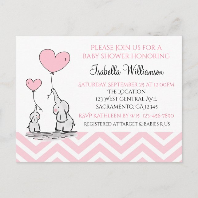 Baby Shower Pastel Baby Elephant with Heart Custom Invitation Postcard (Front)