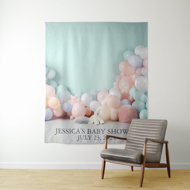 Baby Shower Pastel Balloon Backdrop Tapestry (In Situ)