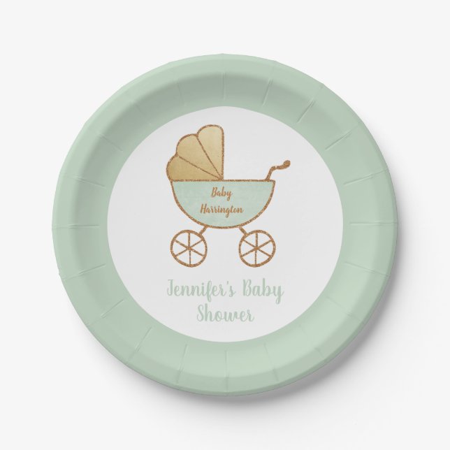 Baby Shower Pastel Mint Green Retro Carriage Paper Plate (Front)