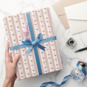 Baby Shower Pastel Pink Stripe Botanical Green Vin Wrapping Paper
