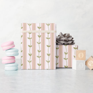Baby Shower Pastel Pink Stripe Botanical Green Vin Wrapping Paper