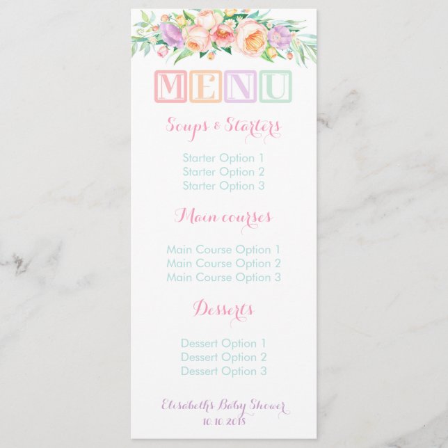 Baby Shower Pastel Sherbet Floral Menu Cards (Front)