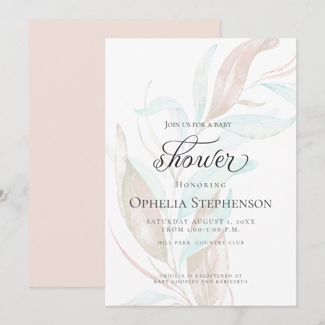 BABY SHOWER | Pastel Watercolor Wispy Foliage Invitation (Front/Back)
