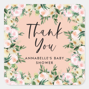 Baby shower peach girly floral thank you square sticker