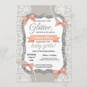 Baby Shower Peach Glitter Bow Twins Girls Invite